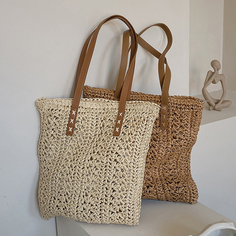 Women Bags Handmade - Borsa da spiaggia quadrata in paglia